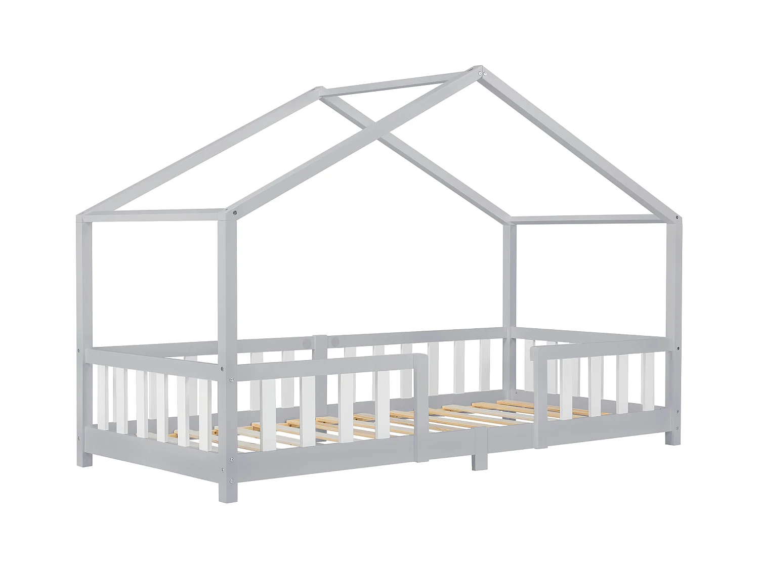 Lit d'Enfant Forme Maison avec Grille de Protection Treviolo 200 x 90 cm Gris Clair Blanc Mat Laqué [en.casa]