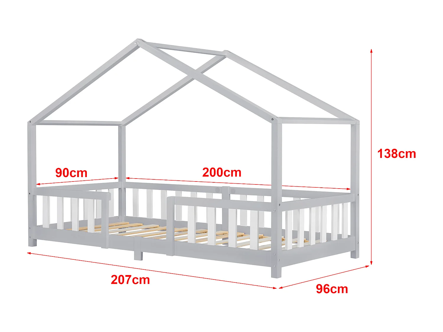 Lit d'Enfant Forme Maison avec Grille de Protection Treviolo 200 x 90 cm Gris Clair Blanc Mat Laqué [en.casa]