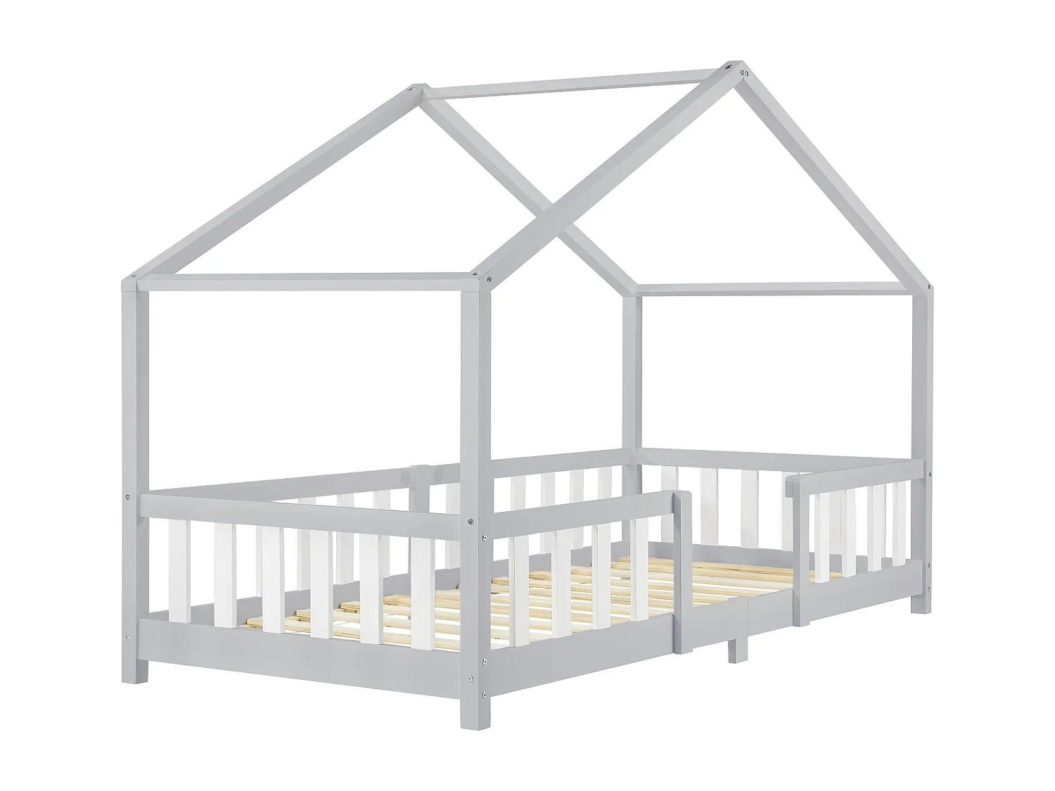 Lit d'Enfant Forme Maison avec Grille de Protection Treviolo 200 x 90 cm Gris Clair Blanc Mat Laqué [en.casa]