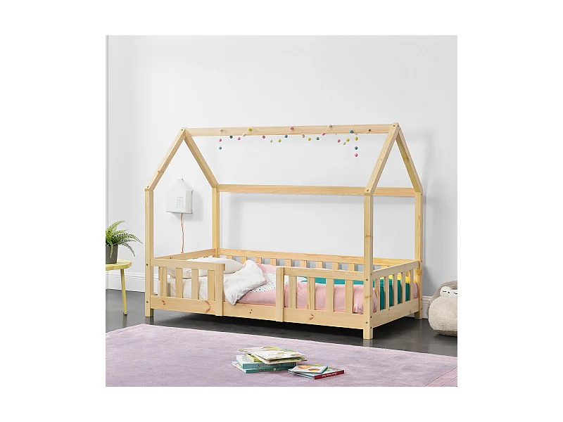 Lit d'Enfant Design Forme Maison Sisimiut Pin 140 x 70 cm Naturel [en.casa]
