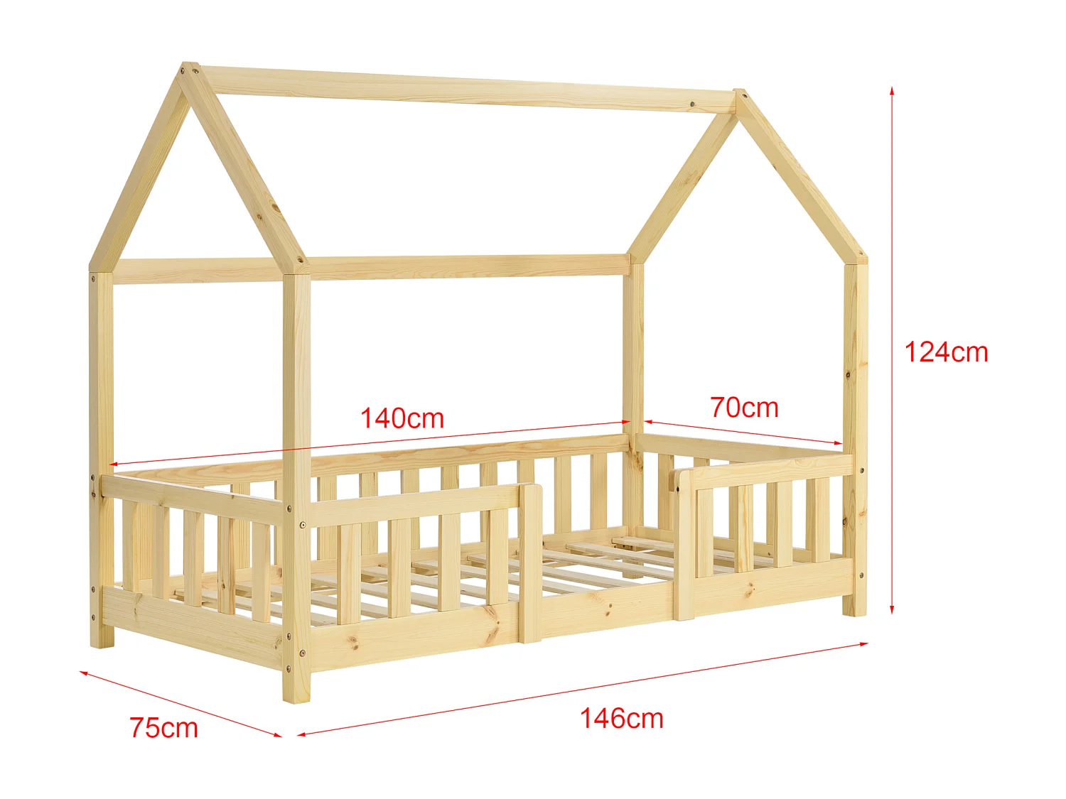 Lit d'Enfant Design Forme Maison Sisimiut Pin 140 x 70 cm Naturel [en.casa]