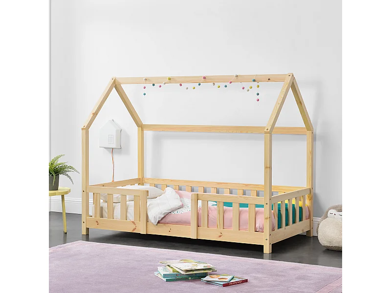 Lit d'Enfant Design Forme Maison Sisimiut Pin 140 x 70 cm Naturel [en.casa]