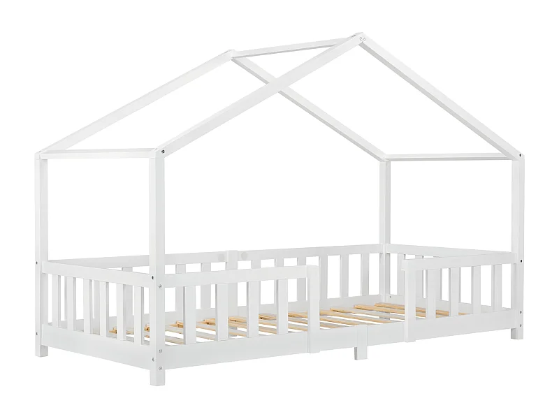 Lit d'Enfant Forme Maison avec Grille de Protection Treviolo  200 x 90 cm Blanc Mat Laqué [en.casa]
