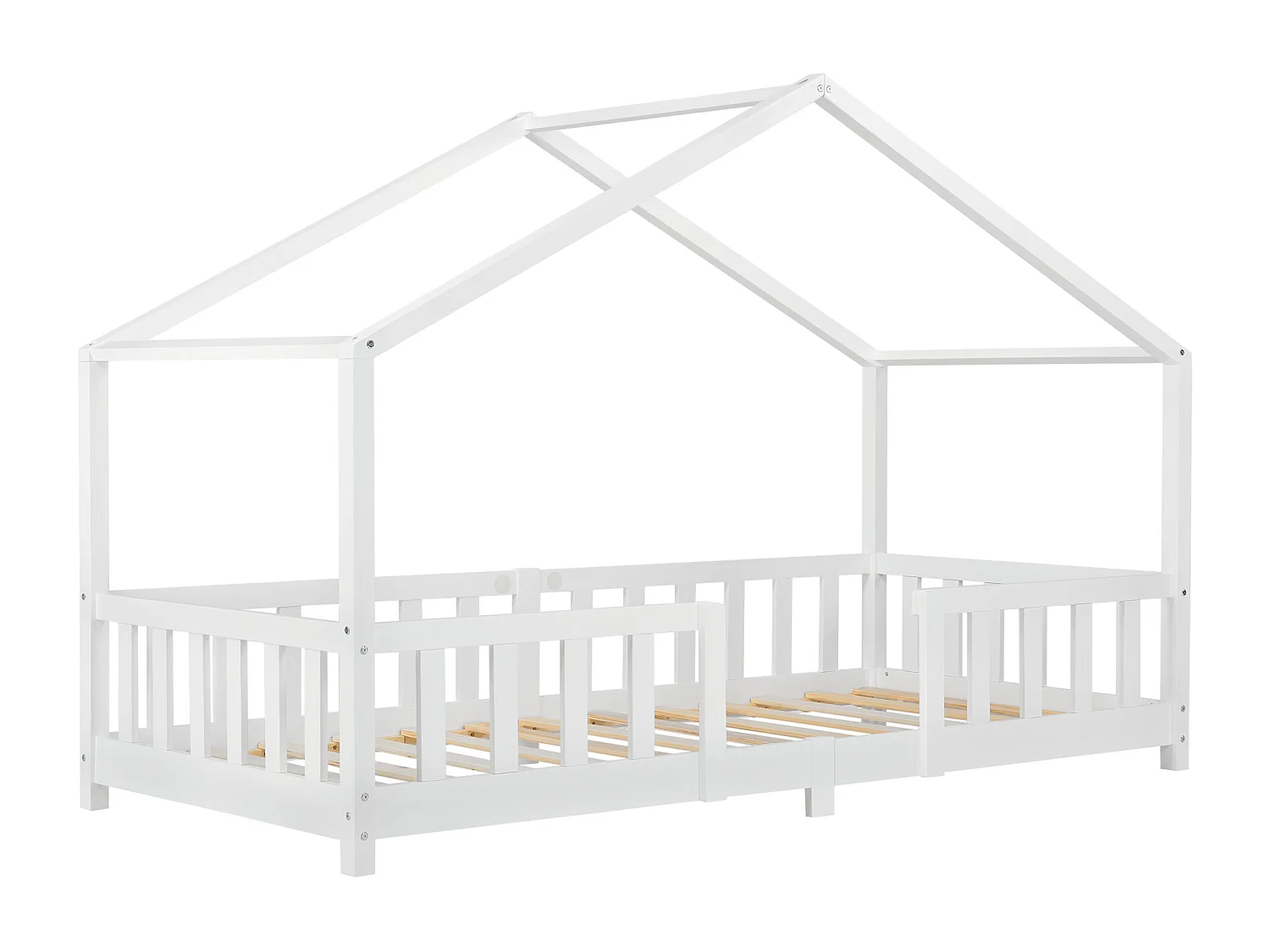 Lit d'Enfant Forme Maison avec Grille de Protection Treviolo  200 x 90 cm Blanc Mat Laqué [en.casa]