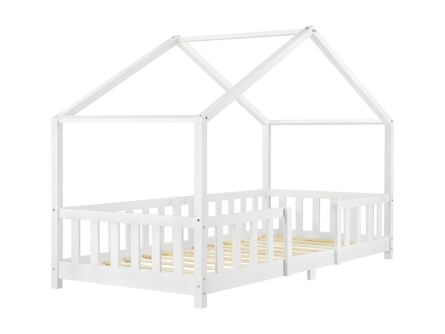 Lit d'Enfant Forme Maison avec Grille de Protection Treviolo  200 x 90 cm Blanc Mat Laqué [en.casa]
