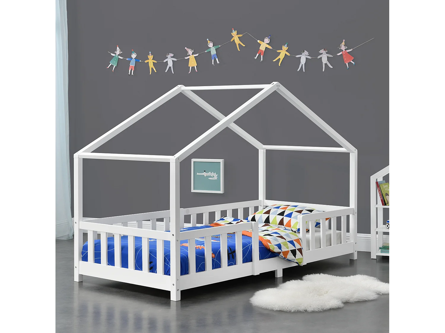 Lit d'Enfant Forme Maison avec Grille de Protection Treviolo  200 x 90 cm Blanc Mat Laqué [en.casa]