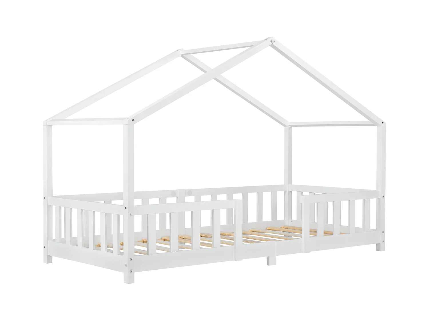 Lit d'Enfant Forme Maison avec Grille de Protection Treviolo  200 x 90 cm Blanc Mat Laqué [en.casa]