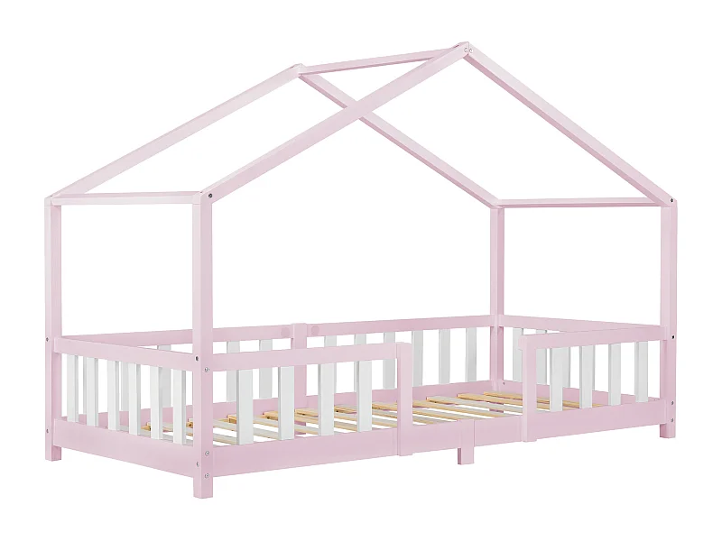 Lit d'Enfant Forme Maison avec Grille de Protection Treviolo 200 x 90 cm Rose Blanc Mat Laqué [en.casa]