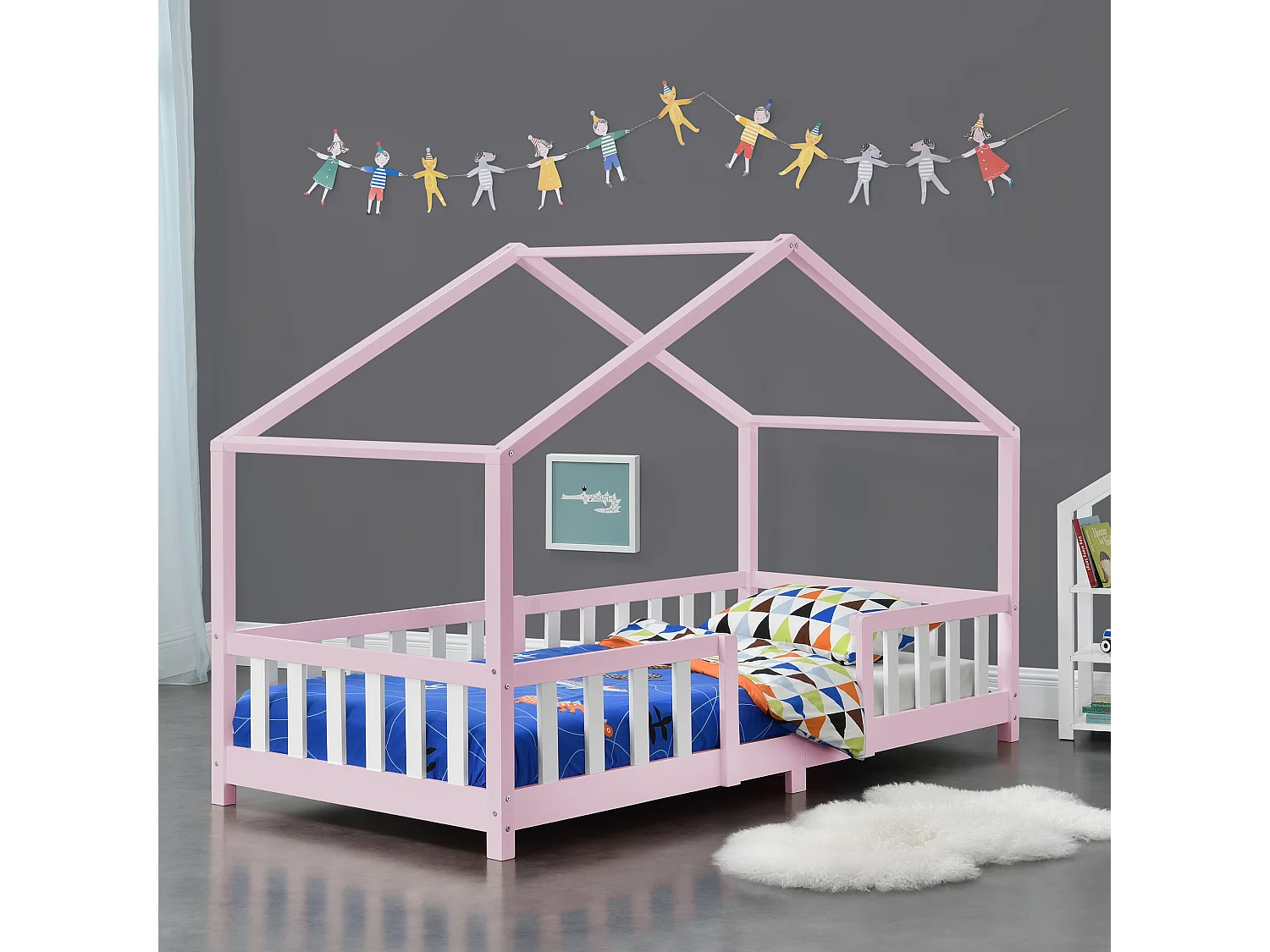 Lit d'Enfant Forme Maison avec Grille de Protection Treviolo 200 x 90 cm Rose Blanc Mat Laqué [en.casa]