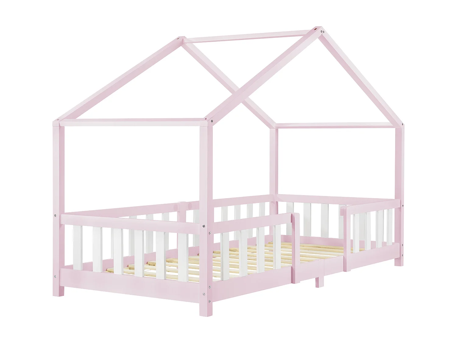 Lit d'Enfant Forme Maison avec Grille de Protection Treviolo 200 x 90 cm Rose Blanc Mat Laqué [en.casa]