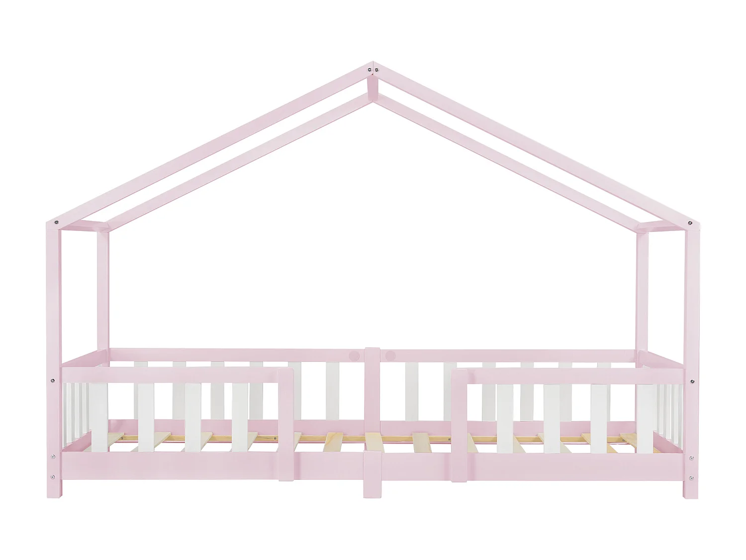 Lit d'Enfant Forme Maison avec Grille de Protection Treviolo 200 x 90 cm Rose Blanc Mat Laqué [en.casa]