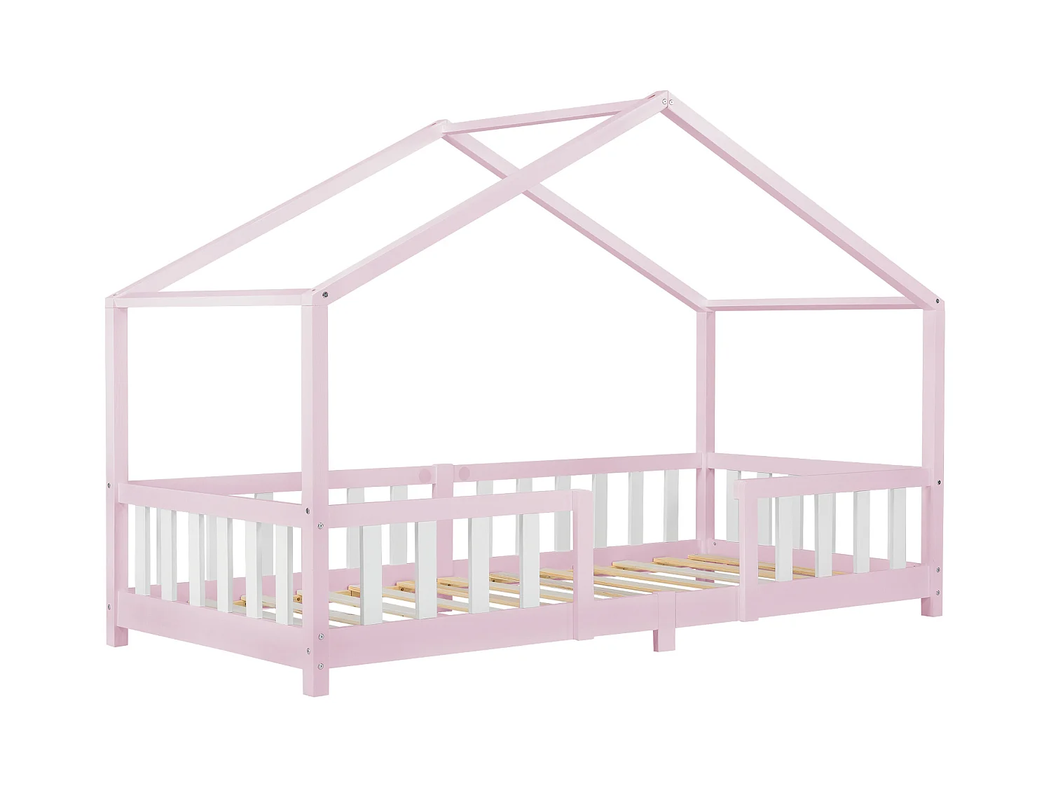 Lit d'Enfant Forme Maison avec Grille de Protection Treviolo 200 x 90 cm Rose Blanc Mat Laqué [en.casa]