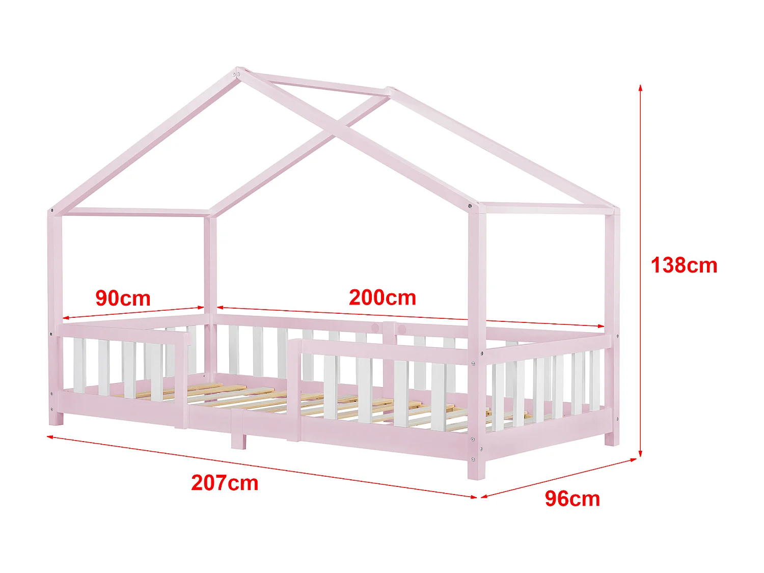 Lit d'Enfant Forme Maison avec Grille de Protection Treviolo 200 x 90 cm Rose Blanc Mat Laqué [en.casa]