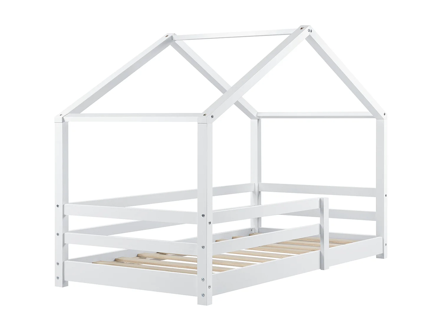 Lit d'Enfant Maison avec Barreaux de Sécurité Knätten Pin 70 x 140 cm Blanc Mat Laqué [en.casa]