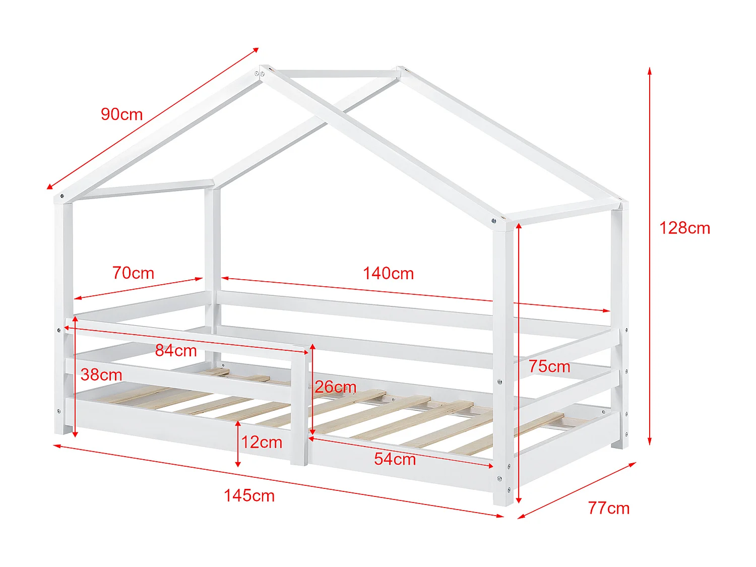 Lit d'Enfant Maison avec Barreaux de Sécurité Knätten Pin 70 x 140 cm Blanc Mat Laqué [en.casa]