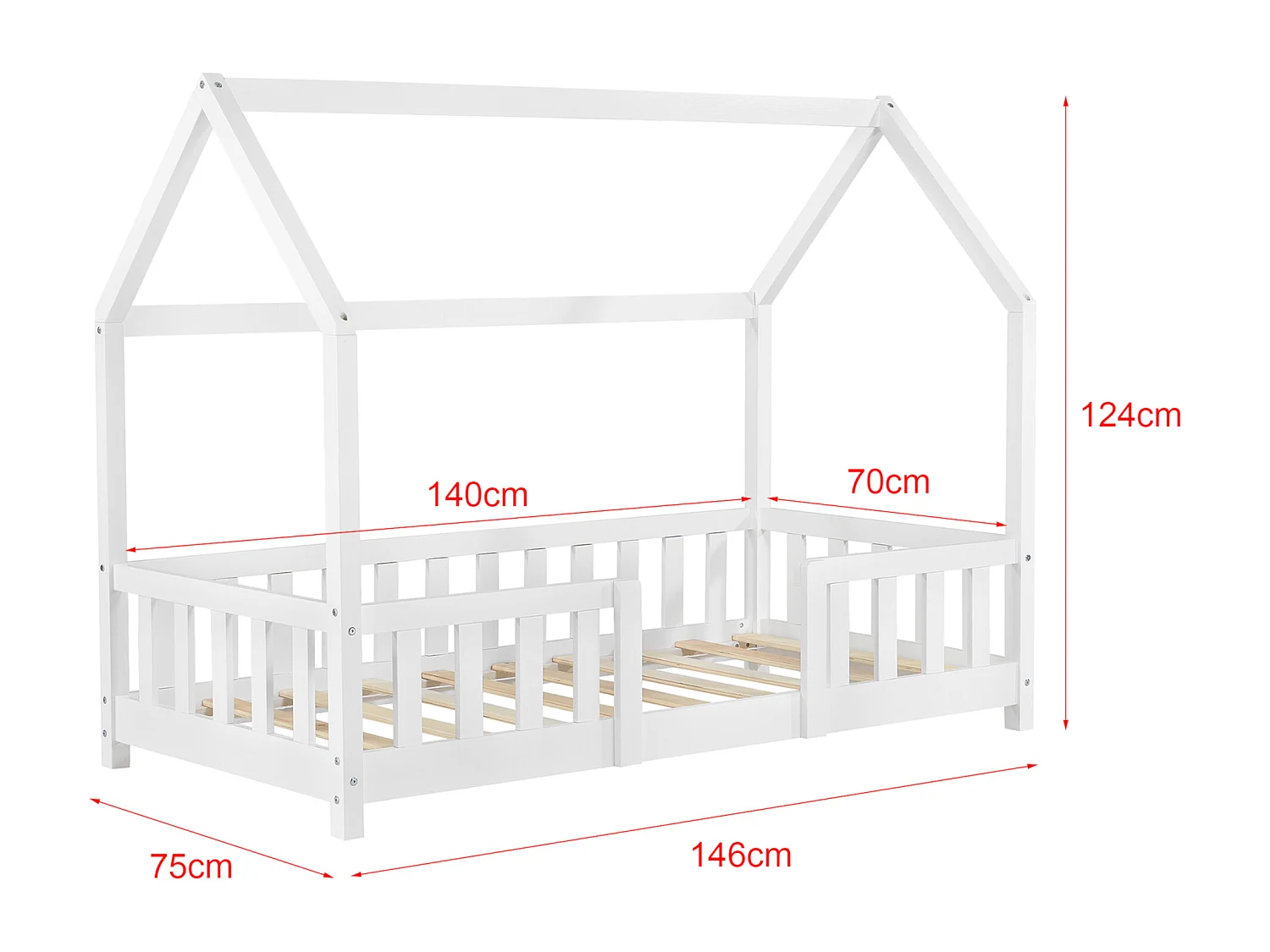 Lit d'Enfant Design Forme Maison Sisimiut Pin 140 x 70 cm Blanc Mat Laqué [en.casa]