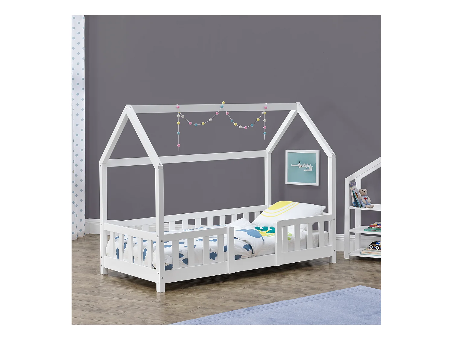 Lit d'Enfant Design Forme Maison Sisimiut Pin 140 x 70 cm Blanc Mat Laqué [en.casa]
