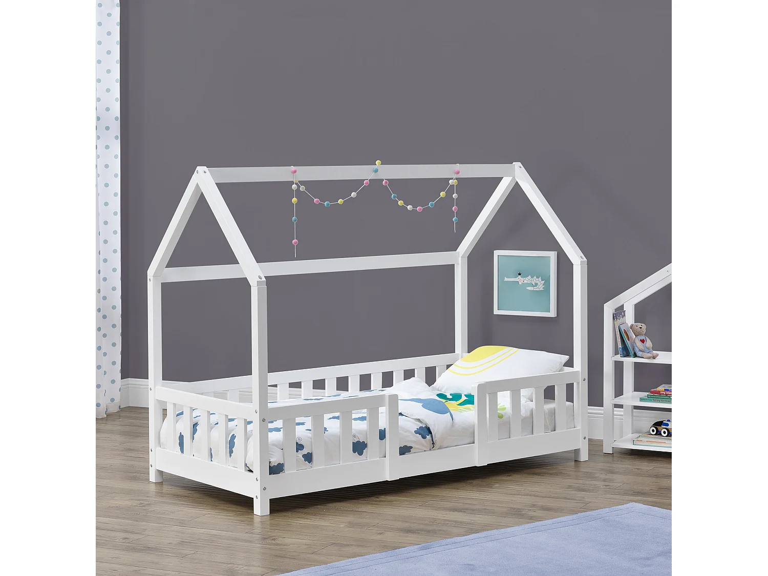 Lit d'Enfant Design Forme Maison Sisimiut Pin 140 x 70 cm Blanc Mat Laqué [en.casa]