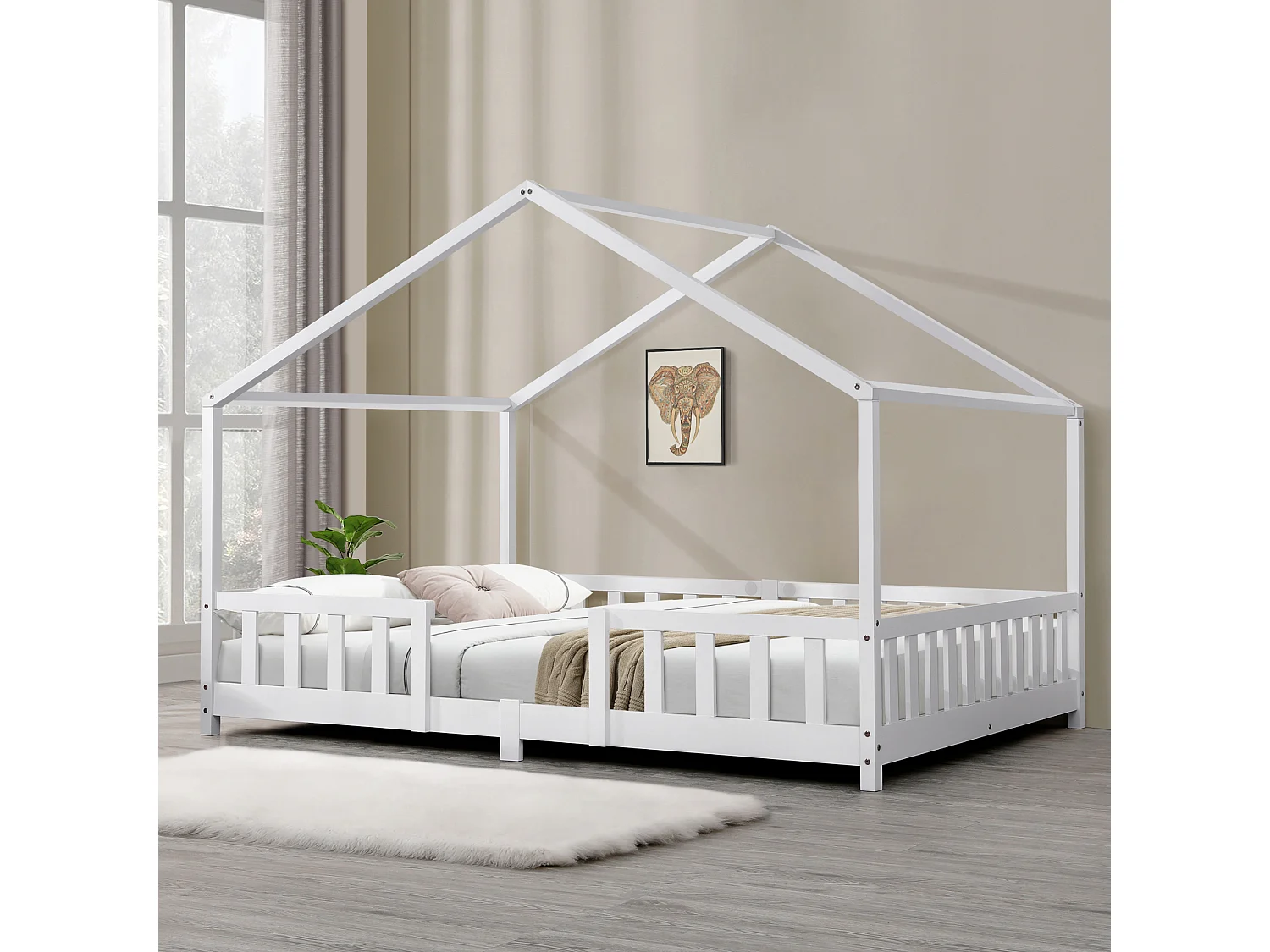 Lit d'Enfant Forme Maison avec Grille de Protection Treviolo  200 x 120 cm Blanc Mat Laqué [en.casa]