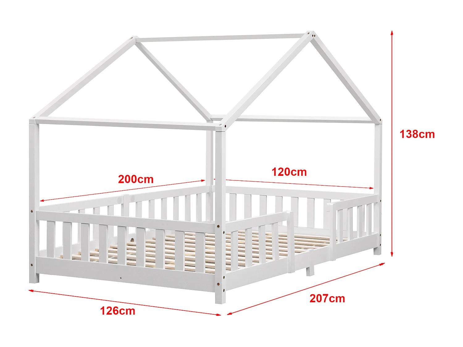 Lit d'Enfant Forme Maison avec Grille de Protection Treviolo  200 x 120 cm Blanc Mat Laqué [en.casa]