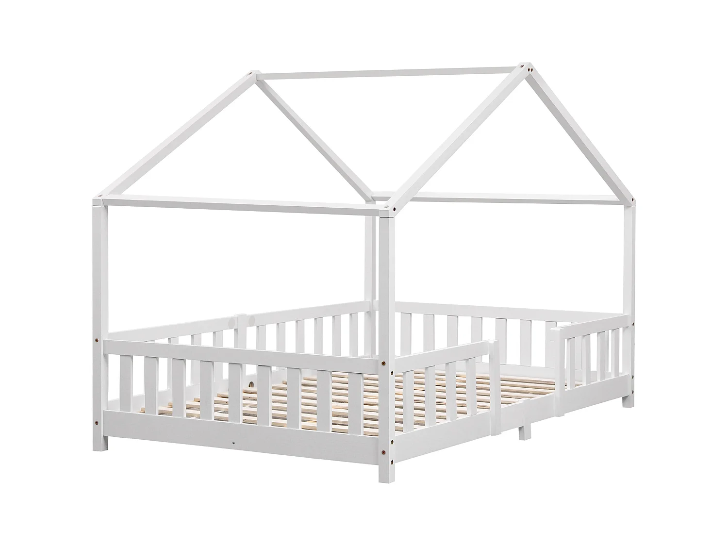 Lit d'Enfant Forme Maison avec Grille de Protection Treviolo  200 x 120 cm Blanc Mat Laqué [en.casa]