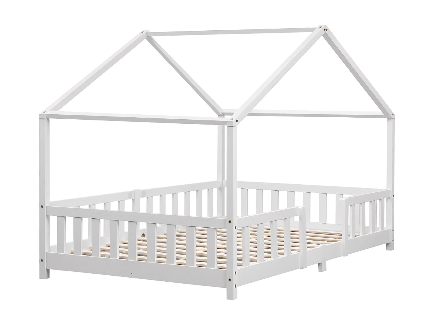 Lit d'Enfant Forme Maison avec Grille de Protection Treviolo  200 x 120 cm Blanc Mat Laqué [en.casa]