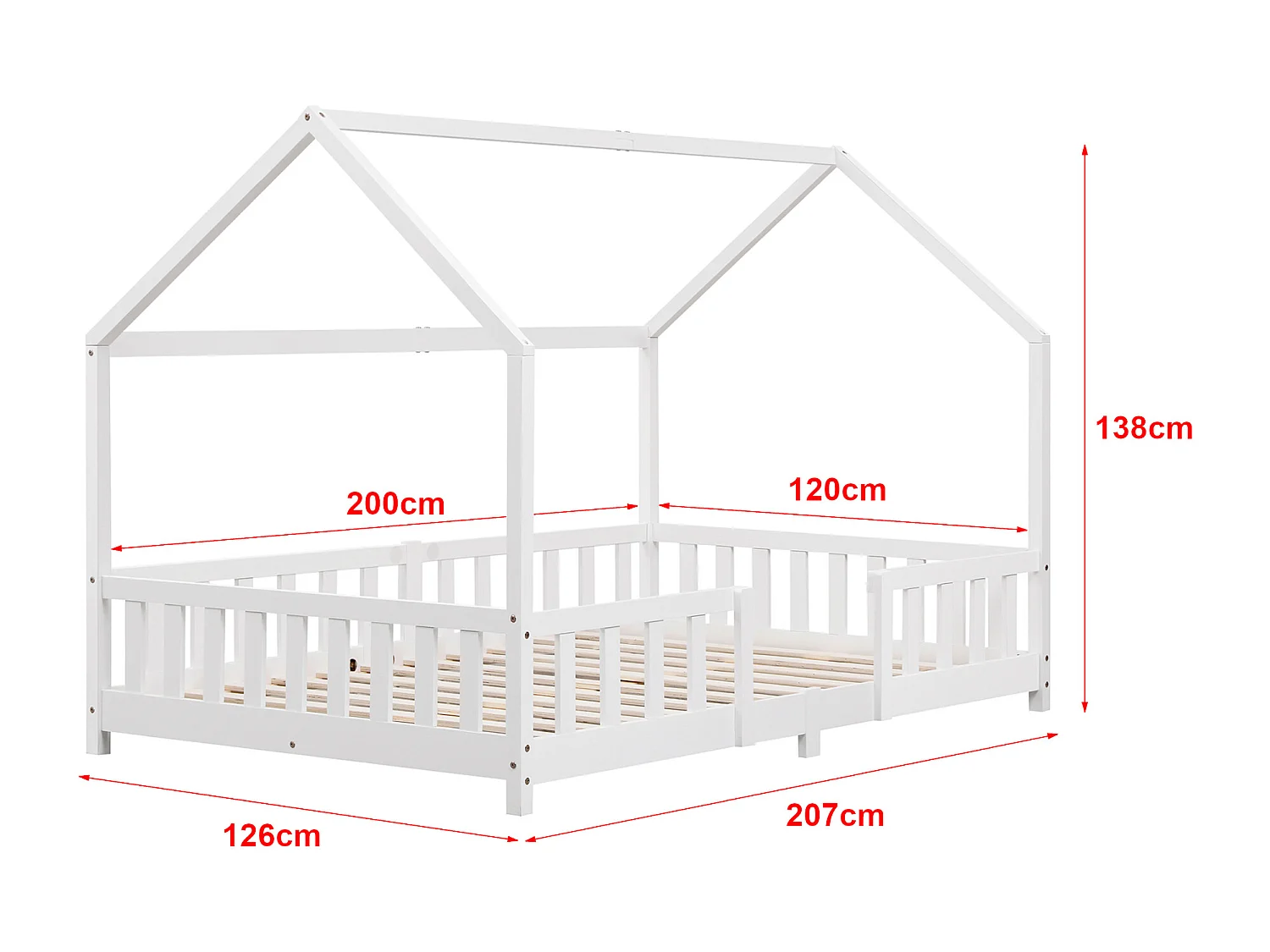 Lit d'Enfant Design Forme Maison Sisimiut Pin 200 x 120 cm Blanc Mat Laqué [en.casa]