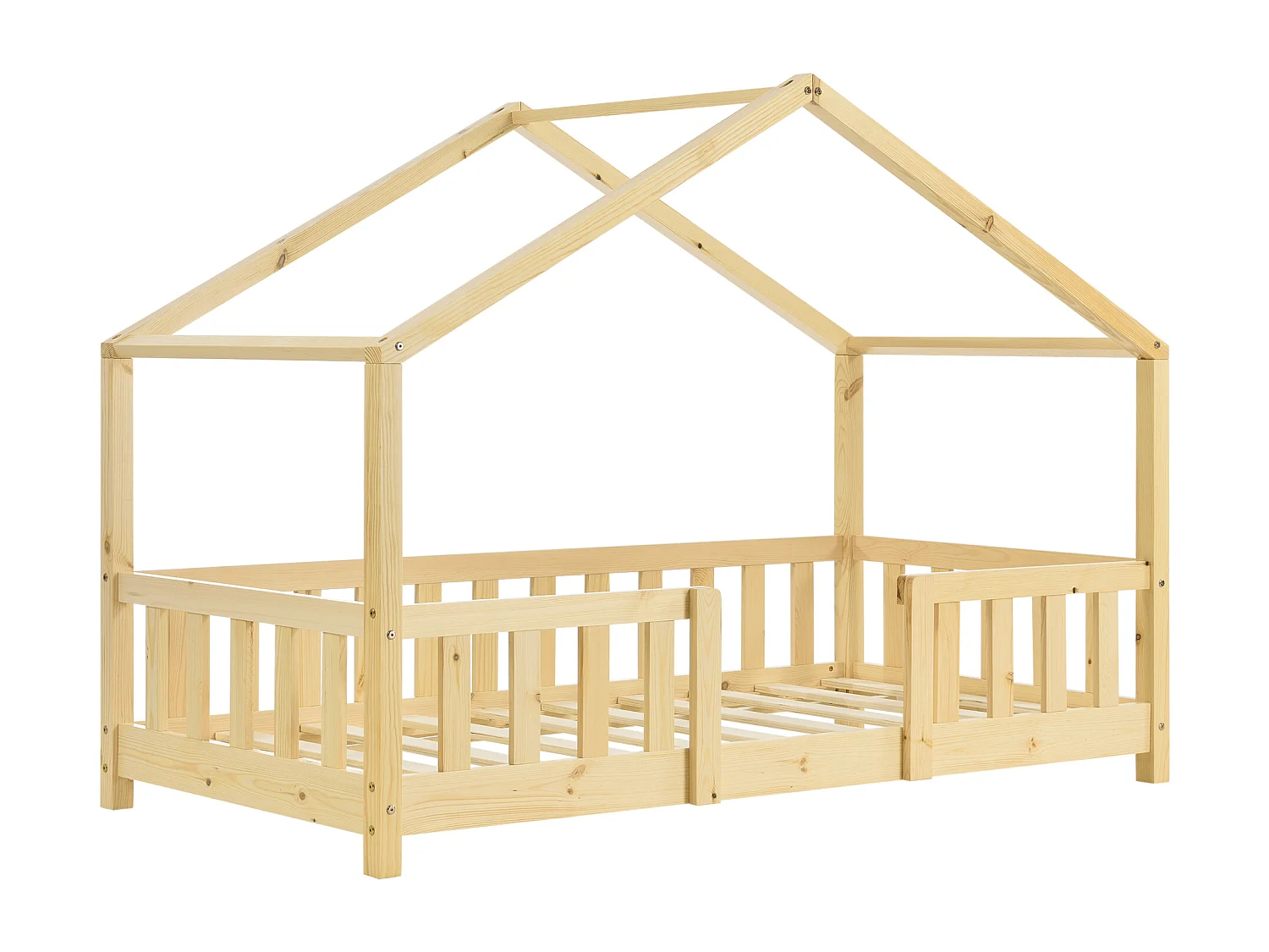 Lit d'Enfant Forme Maison avec Grille de Protection Treviolo 140 x 70 cm Bois Naturel [en.casa]