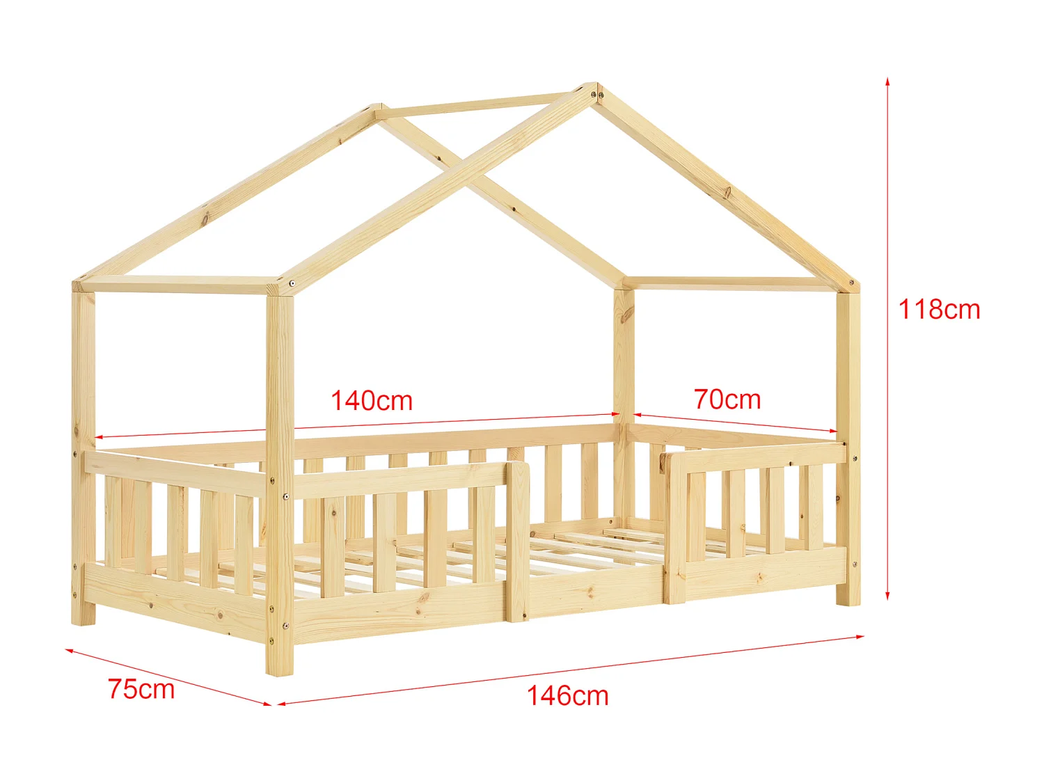 Lit d'Enfant Forme Maison avec Grille de Protection Treviolo 140 x 70 cm Bois Naturel [en.casa]