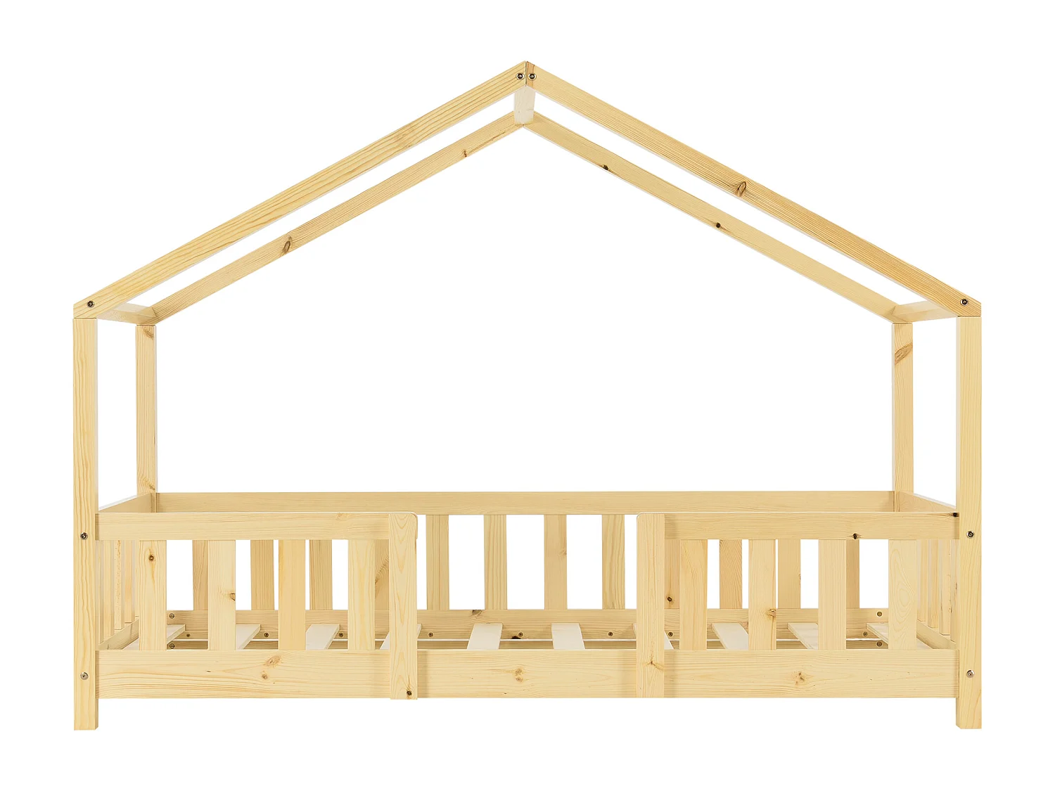 Lit d'Enfant Forme Maison avec Grille de Protection Treviolo 140 x 70 cm Bois Naturel [en.casa]