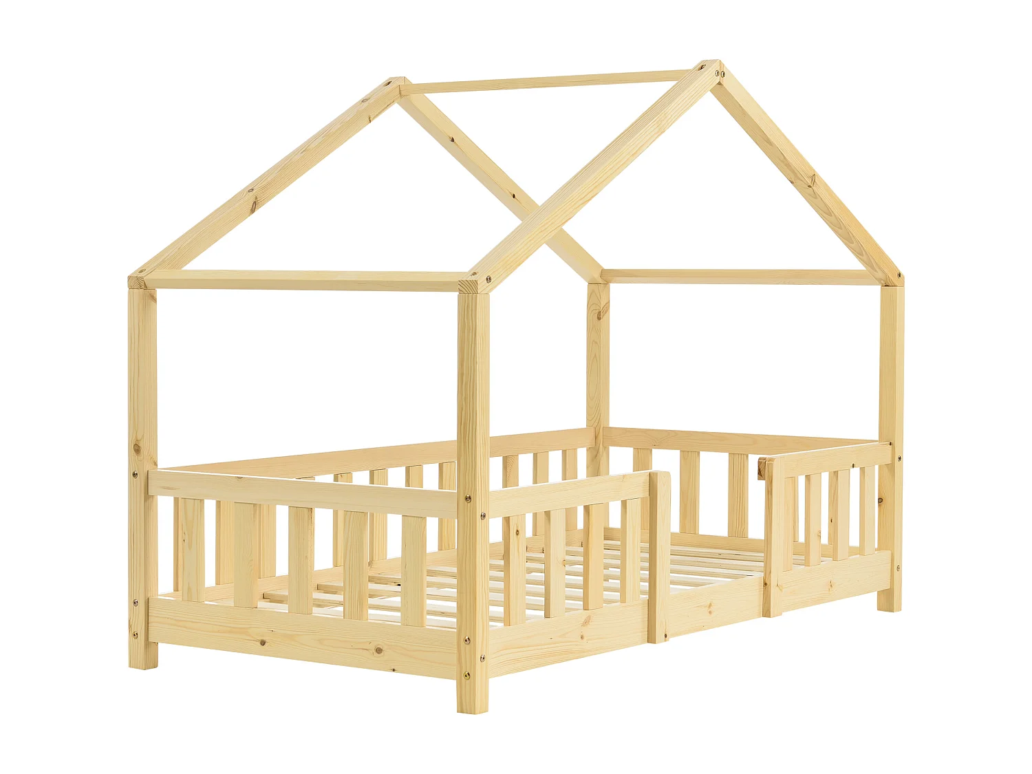 Lit d'Enfant Forme Maison avec Grille de Protection Treviolo 140 x 70 cm Bois Naturel [en.casa]