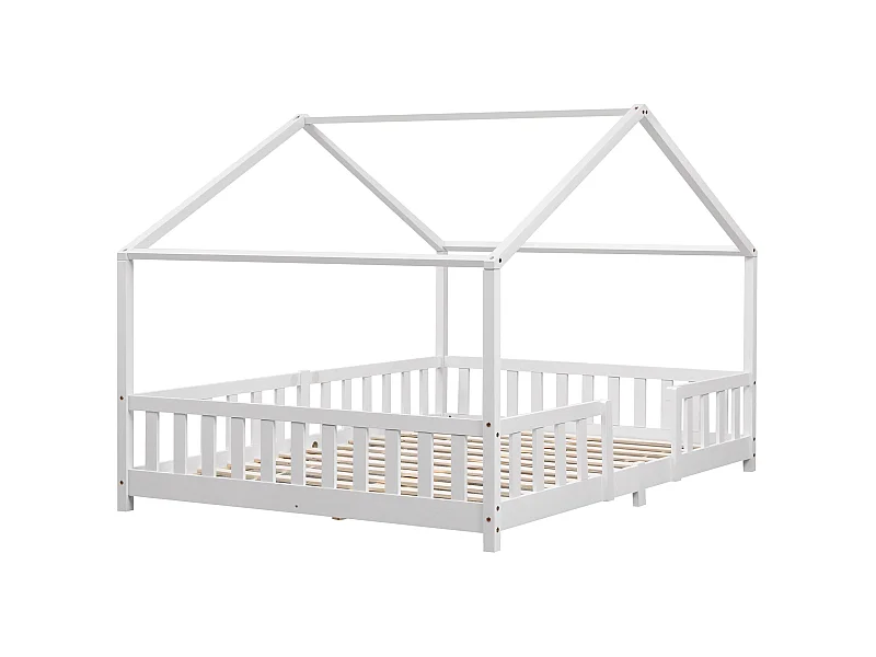 Lit d'Enfant Forme Maison avec Grille de Protection Treviolo  200 x 140 cm Blanc Mat Laqué [en.casa]