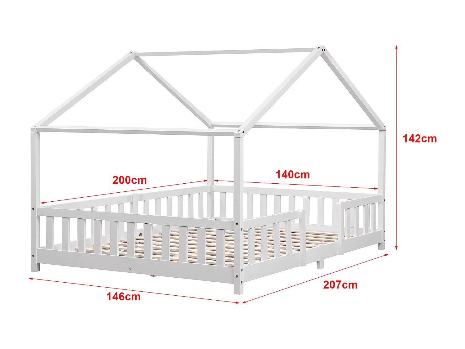 Lit d'Enfant Forme Maison avec Grille de Protection Treviolo  200 x 140 cm Blanc Mat Laqué [en.casa]