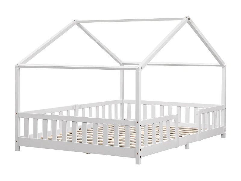 Lit d'Enfant Forme Maison avec Grille de Protection Treviolo  200 x 140 cm Blanc Mat Laqué [en.casa]