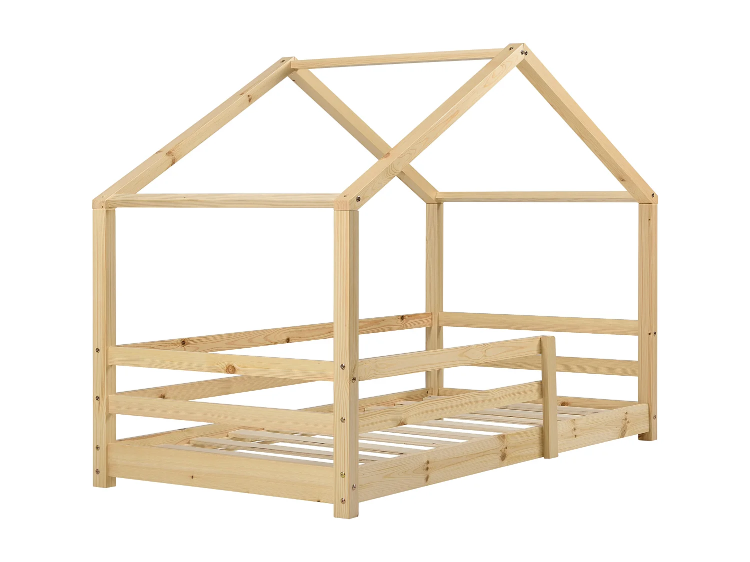 Lit d'Enfant Maison avec Barreaux de Sécurité Knätten Pin 70 x 140 cm Bois Naturel [en.casa]