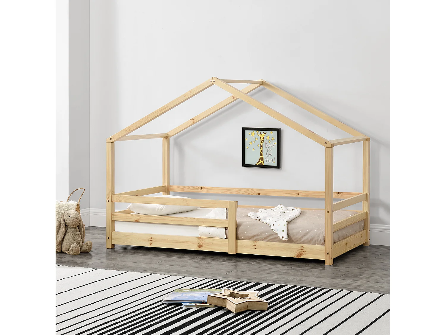 Lit d'Enfant Maison avec Barreaux de Sécurité Knätten Pin 70 x 140 cm Bois Naturel [en.casa]