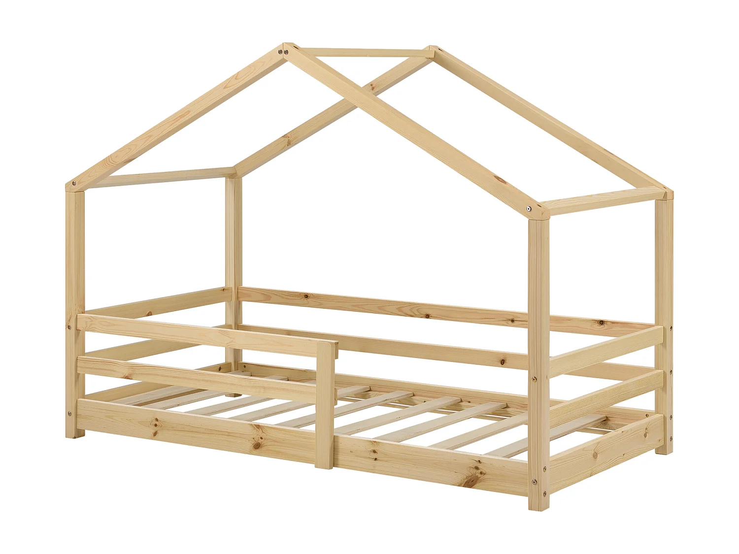 Lit d'Enfant Maison avec Barreaux de Sécurité Knätten Pin 70 x 140 cm Bois Naturel [en.casa]