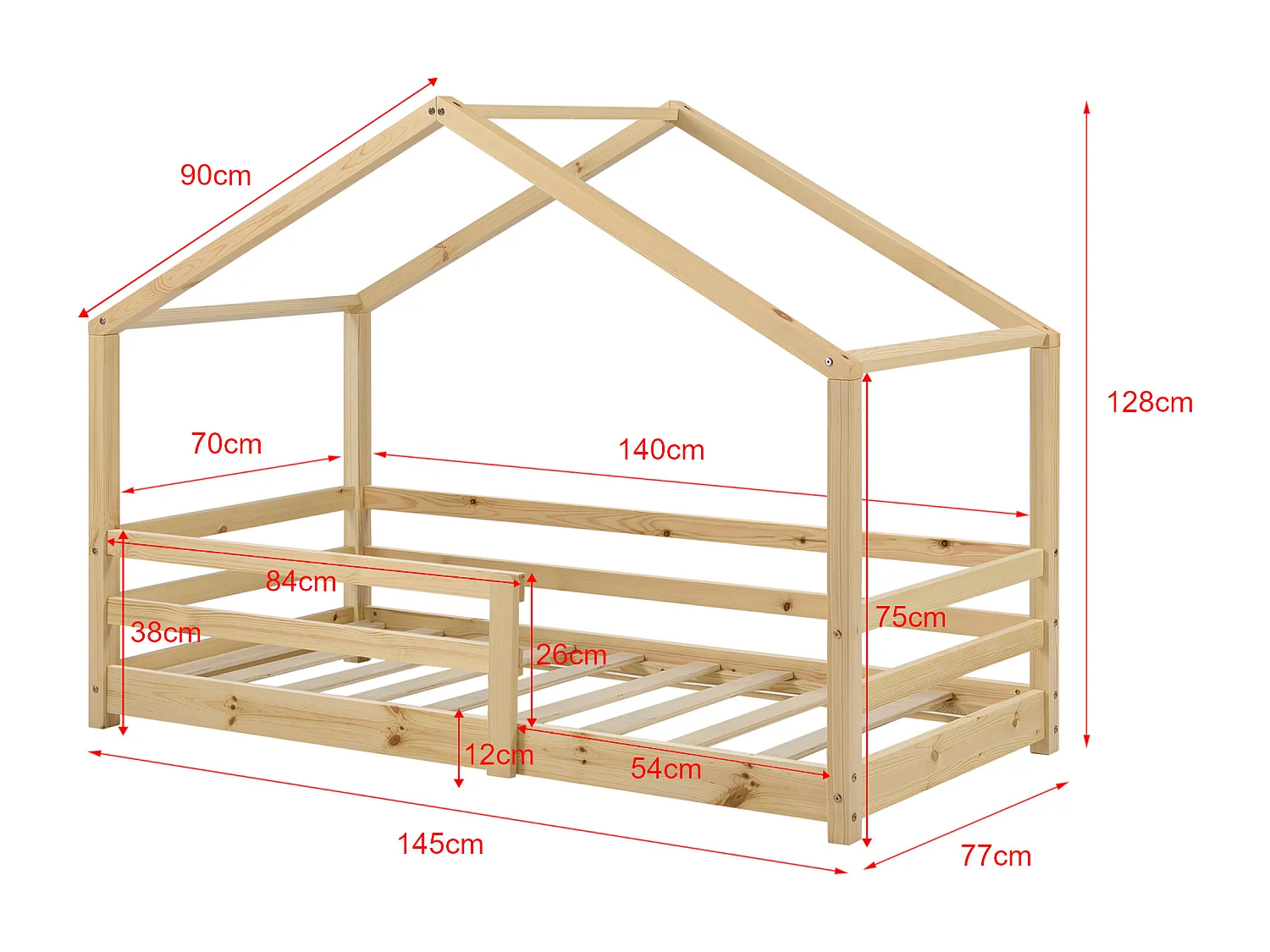 Lit d'Enfant Maison avec Barreaux de Sécurité Knätten Pin 70 x 140 cm Bois Naturel [en.casa]