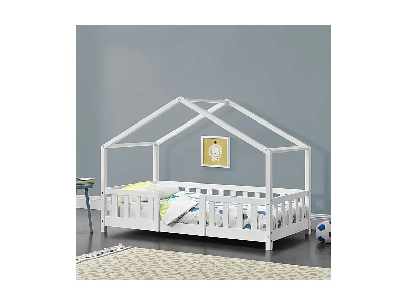 Lit d'Enfant Forme Maison avec Grille de Protection Treviolo 140 x 70 cm Blanc Mat Laqué [en.casa]