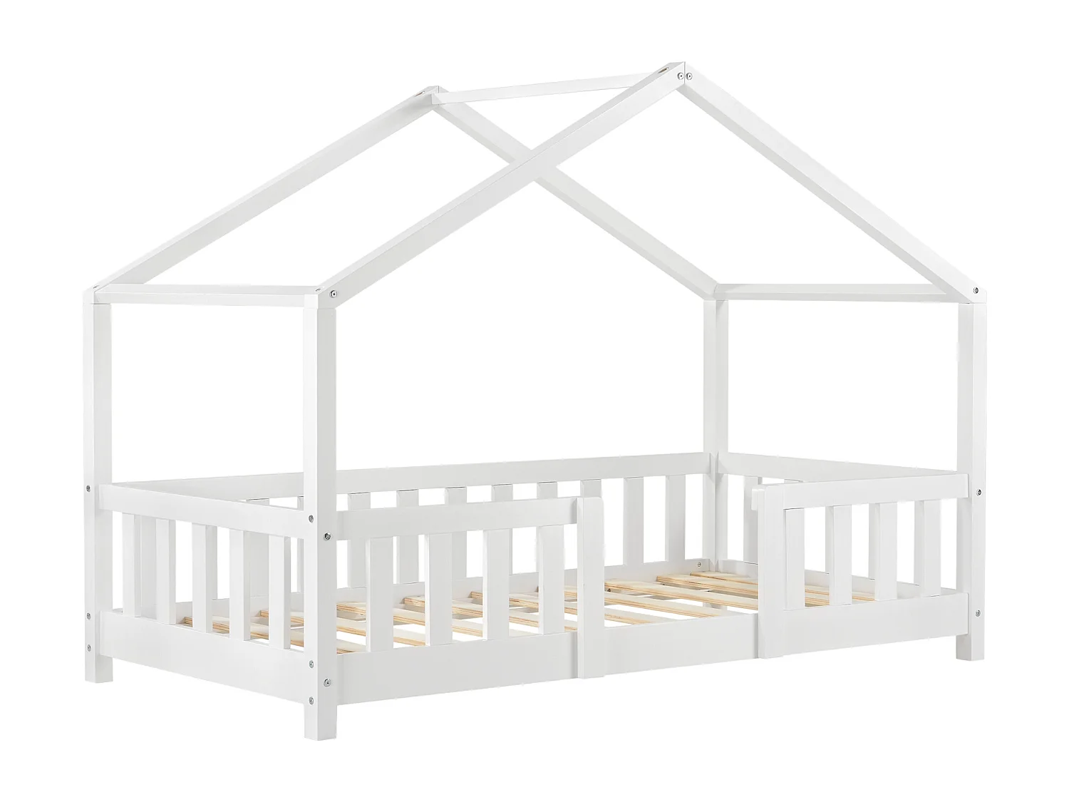 Lit d'Enfant Forme Maison avec Grille de Protection Treviolo 140 x 70 cm Blanc Mat Laqué [en.casa]