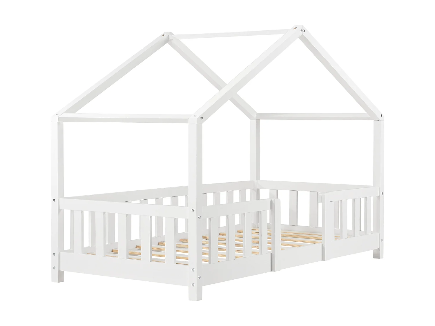 Lit d'Enfant Forme Maison avec Grille de Protection Treviolo 140 x 70 cm Blanc Mat Laqué [en.casa]