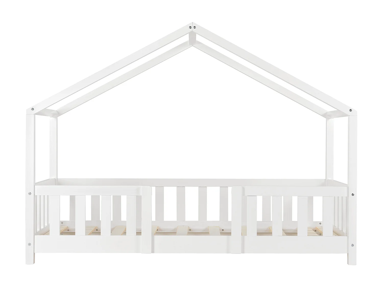 Lit d'Enfant Forme Maison avec Grille de Protection Treviolo 140 x 70 cm Blanc Mat Laqué [en.casa]