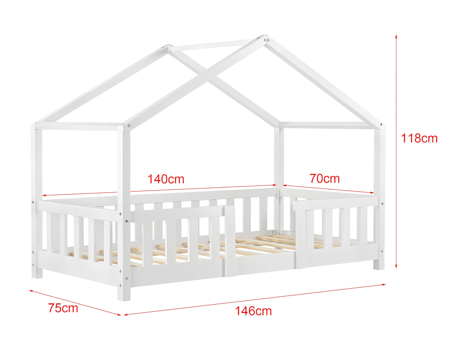 Lit d'Enfant Forme Maison avec Grille de Protection Treviolo 140 x 70 cm Blanc Mat Laqué [en.casa]