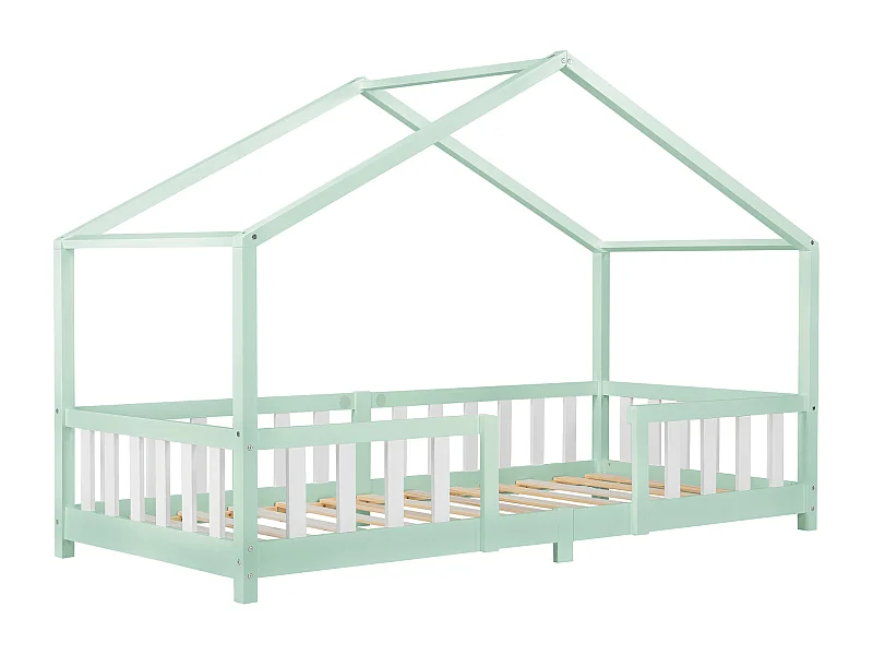Lit d'Enfant Forme Maison avec Grille de Protection Treviolo 200 x 90 cm Menthe Blanc Mat Laqué [en.casa]