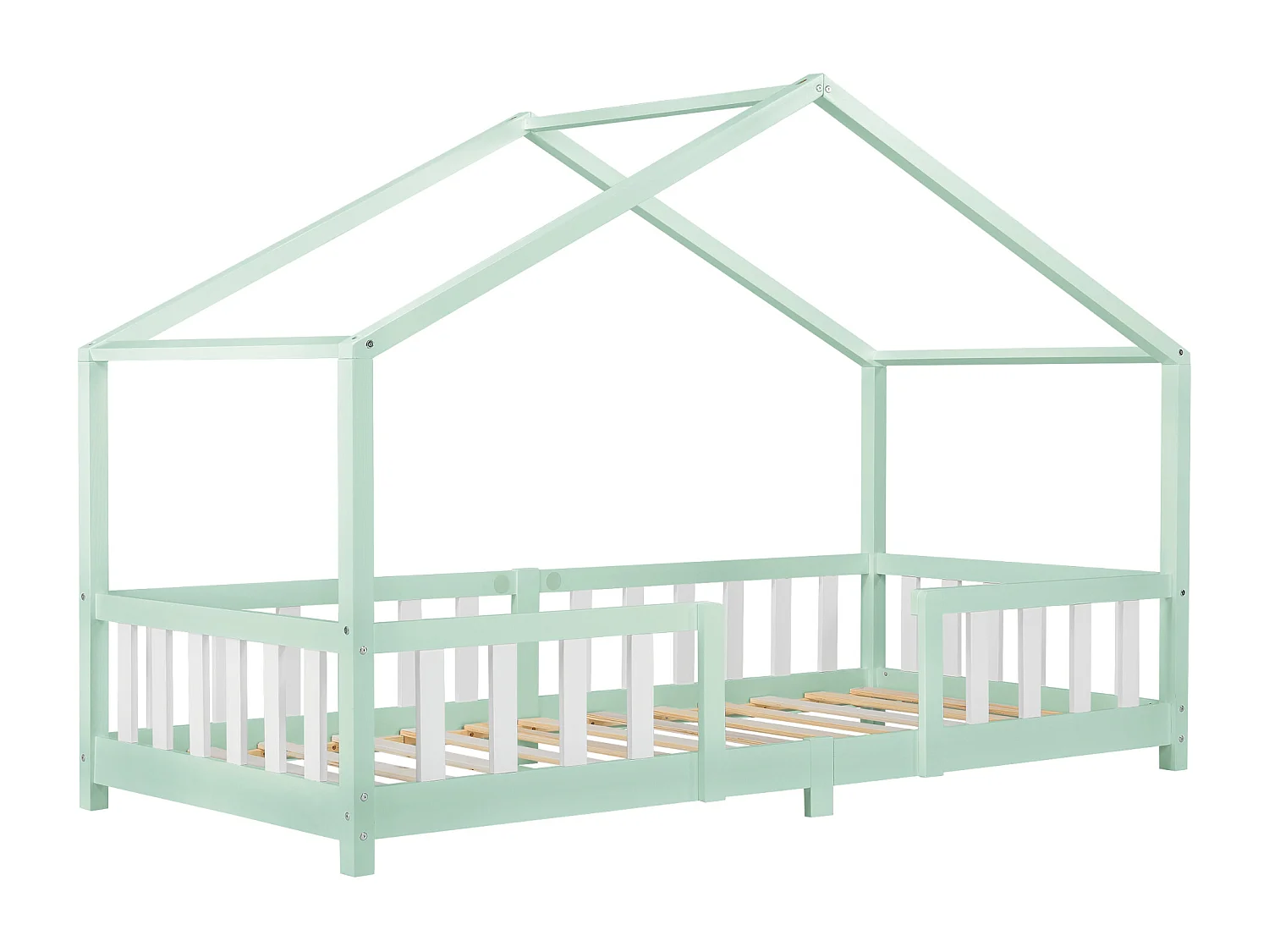 Lit d'Enfant Forme Maison avec Grille de Protection Treviolo 200 x 90 cm Menthe Blanc Mat Laqué [en.casa]