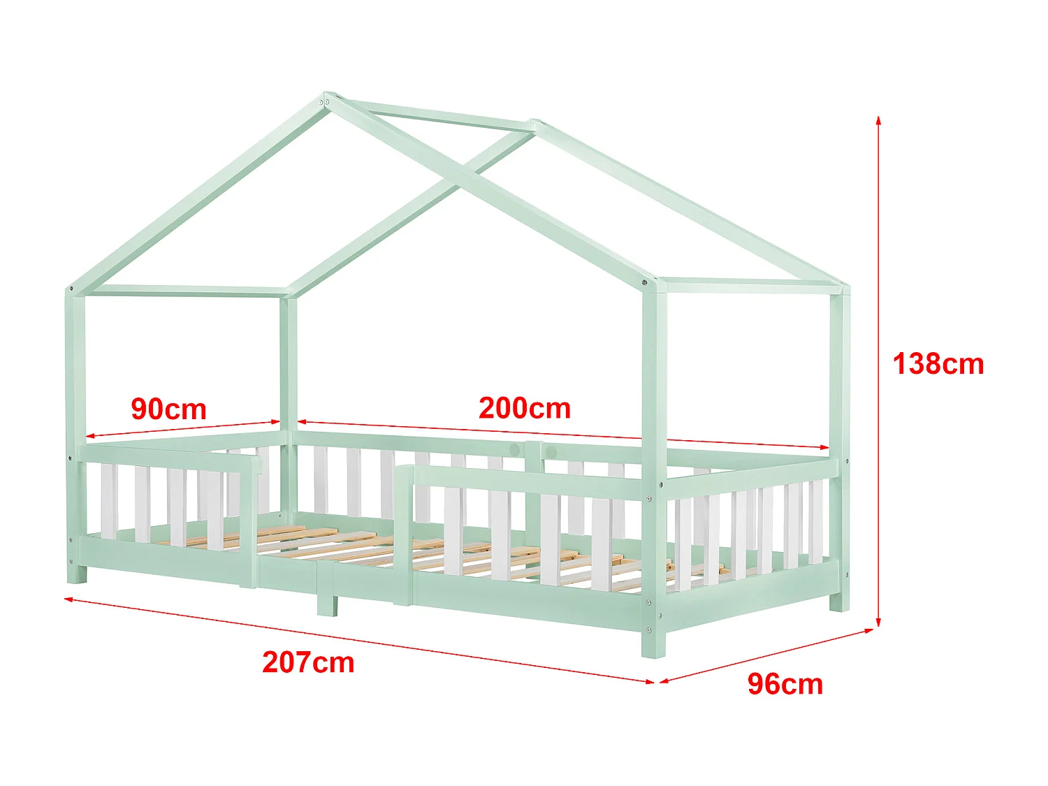 Lit d'Enfant Forme Maison avec Grille de Protection Treviolo 200 x 90 cm Menthe Blanc Mat Laqué [en.casa]