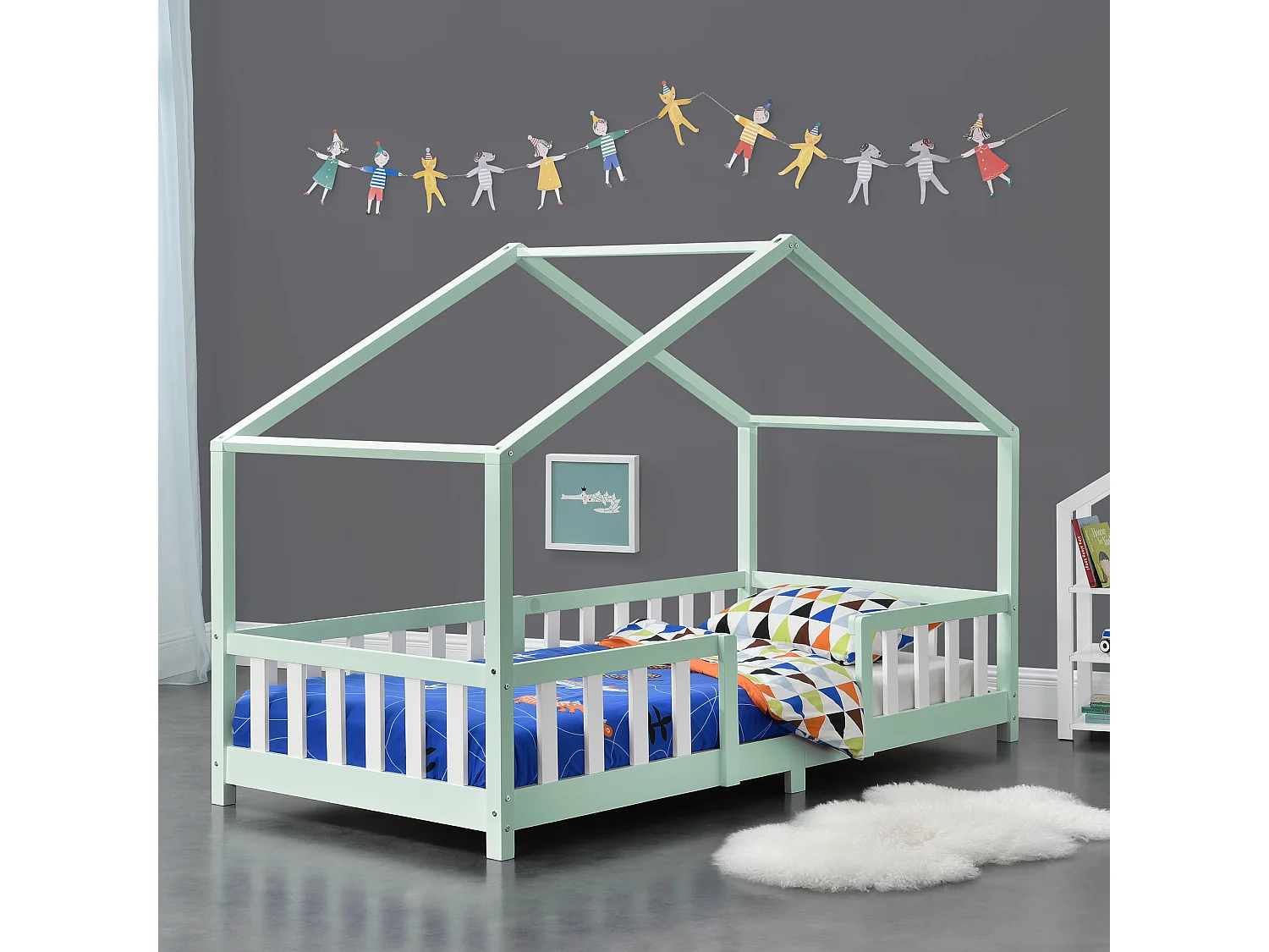 Lit d'Enfant Forme Maison avec Grille de Protection Treviolo 200 x 90 cm Menthe Blanc Mat Laqué [en.casa]