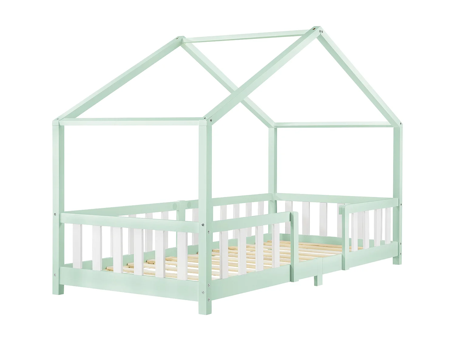 Lit d'Enfant Forme Maison avec Grille de Protection Treviolo 200 x 90 cm Menthe Blanc Mat Laqué [en.casa]