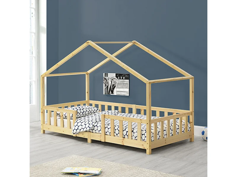 Lit d'Enfant Forme Maison avec Grille de Protection Treviolo 200 x 90 cm Bois naturel [en.casa]