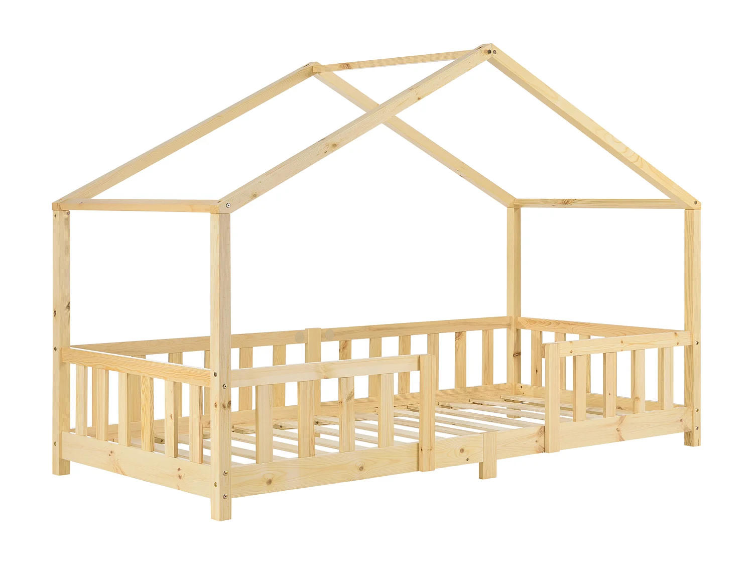 Lit d'Enfant Forme Maison avec Grille de Protection Treviolo 200 x 90 cm Bois naturel [en.casa]